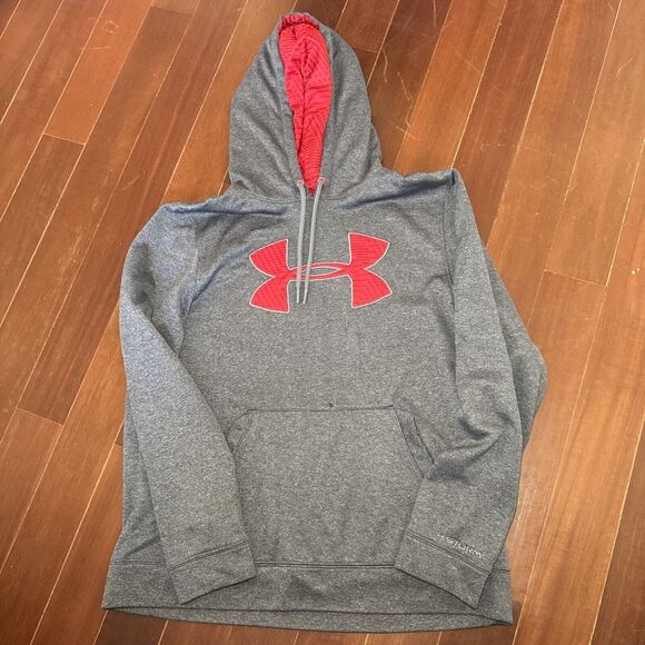 Under Armour Storm Mens Loose Pullover Hoodie Big Logo Size Medium Gray Red - Picture 1 of 8